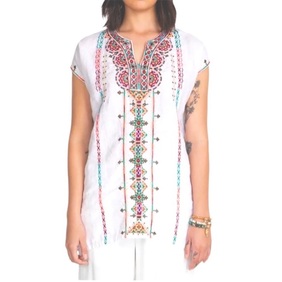 Johnny Was Verena Embroidered Linen Tunic Top White Boho Size M EUC - Picture 1 of 16